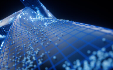 Poster - Abstract curve geometry with flowing particles, 3d rendering.