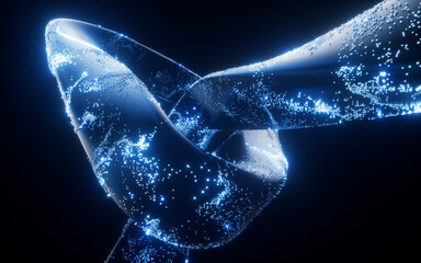 Poster - Abstract curve geometry with flowing particles, 3d rendering.