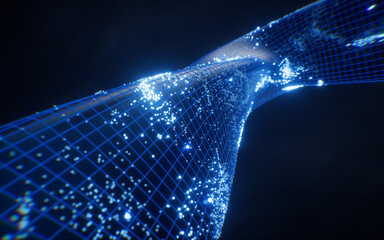 Poster - Abstract curve geometry with flowing particles, 3d rendering.