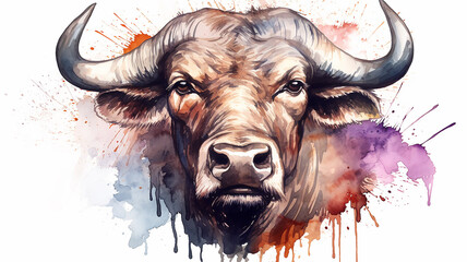 Wall Mural - bull, watercolor portrait of a buffalo, spots of liquid paint isolated on a white background