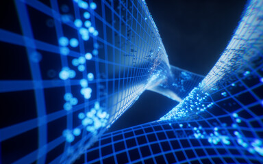 Poster - Abstract curve geometry with flowing particles, 3d rendering.