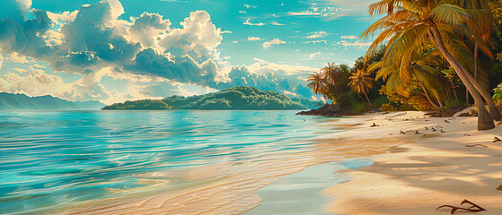 Wall Mural - Idyllic Beach with Palm Trees and Crystal Blue Water, Perfect Caribbean Sunset, Tranquil Vacation Paradise