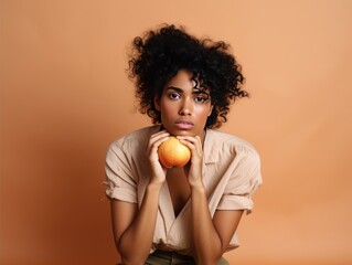 Peach background sad black independent powerful Woman. Portrait of young beautiful bad mood expression girl Isolated on Background racism skin color depression anxiety fear 