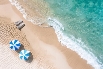 top down view of two umbrella sea in a beautiful blue sea and sand, minimal scene, summer theme concept