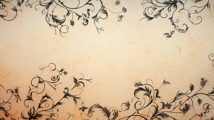 Wall Mural - orange warm background with black floral ornament, blank copy space