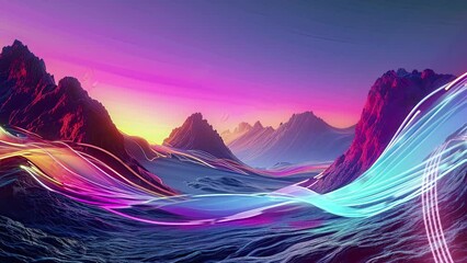 Sticker - Surreal landscape: rocky mountains and neon curvy colorful lines in motion. Flowing energy concept. Glowing trajectory path data flow concept