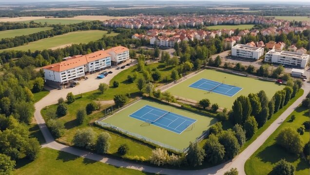 This is an aerial view of a sports complex. There is a large green field in the center, with a running track around it. There are also tennis courts and a swimming pool. The complex is surrounded by t