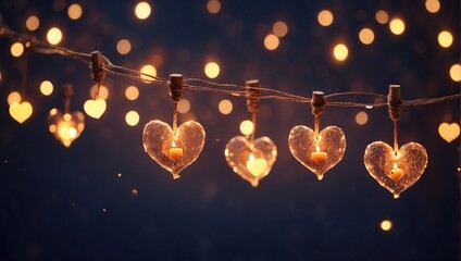 There are several heart-shaped lanterns hanging on a string with small clothespins. Some candles are sitting on a wooden table underneath the lanterns, and there are small, blurry lights in the backgr
