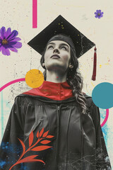 Wall Mural - digital collage colorful illustration female graduated college student celebrating graduation