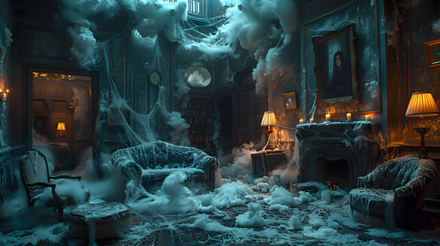 The interior of a Halloween haunted house with cobwebs, old furniture, and flickering candles