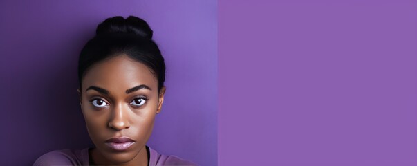 Purple background sad black independent powerful Woman. Portrait of young beautiful bad mood expression girl Isolated on Background racism skin color depression anxiety fear burn 