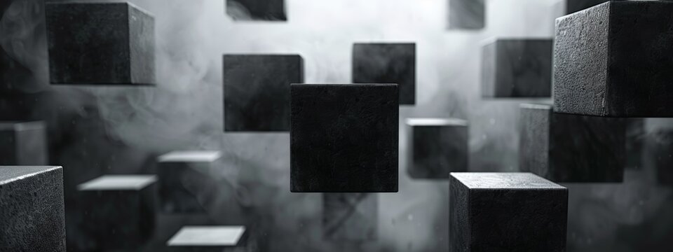Abstract digital art depicting blocks floating in mid-air in a surreal landscape.