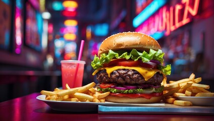 A delicious-looking burger with a sesame seed bun, two beef patties, cheese, lettuce, tomato, onion, and a toothpick with a small American flag on it. There is a side of fries on a red table. The back