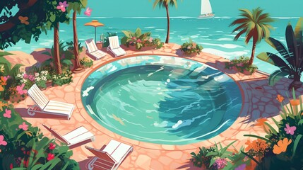 Poster - a painting of a pool surrounded by palm trees