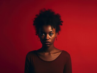 Red background sad black independant powerful Woman realistic person portrait of young beautiful bad mood expression girl Isolated on Background racism skin color depression anxiety fear burn