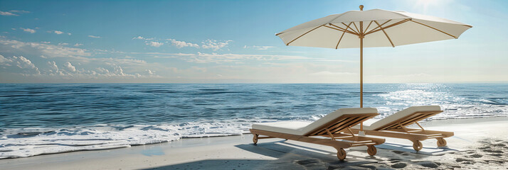 Wall Mural - Luxury Beach Resort with Sun Chairs and Umbrellas, Ideal Spot for a Relaxing Seaside Vacation