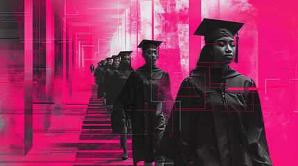 Wall Mural - risograph digital illustration of college graduated students, magenta, pink, white and black colors, modern university graduation celebration