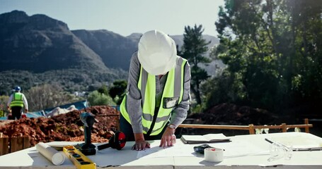 Poster - Woman, blueprint and table outdoor for construction, planning and building with drawing at site. Architect, floor plan and architecture with design for engineering, contractor and project management