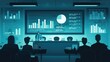 © BMMP Studio - conference room with a large screen displaying various graphs and charts. People sit in rows, attentively watching a presenter at the front. The room has a cool blue tone.