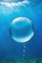 Wall Mural - water bubble blue oxygen air, in underwater clear liquid with bubbles flowing up on the water, on a 