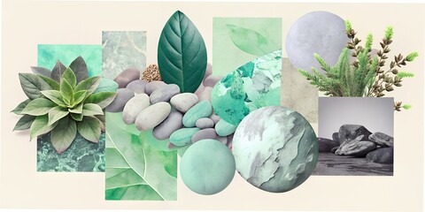 Wall Mural - blue and green collage texture photo fonts pastel tones botanical plants flower green business card, planner, diary, opening, letter	