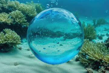Wall Mural - water bubble blue oxygen air, in underwater clear liquid with bubbles flowing up on the water, on a 