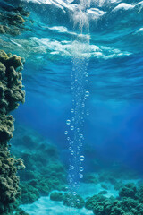 Wall Mural - water bubble blue oxygen air, in underwater clear liquid with bubbles flowing up on the water, on a 