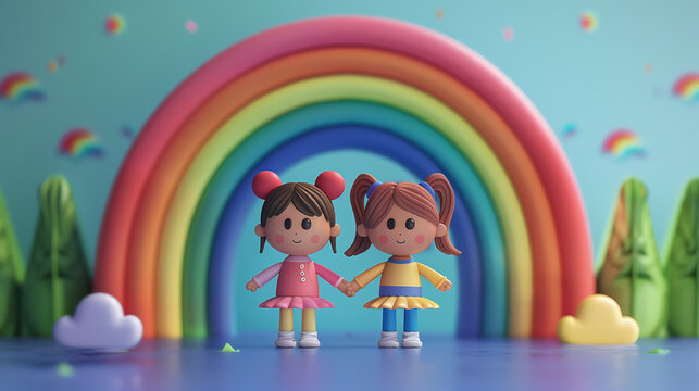 A 3D illustration of two characters holding hands under a rainbow arch, representing love and support in the LGBTQ+ community