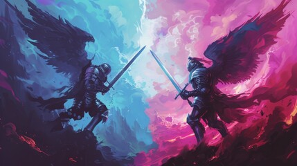 A stunning artwork showing two angelic warriors in a surreal battle amidst a pink and purple sky, highlighting the theme of spiritual warfare.