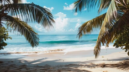 Wall Mural - A view of a sandy beach to the ocean shore calming view palm tree on either side