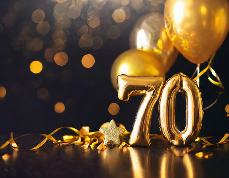 Number 70 -seventy gold foil balloon. Anniversary celebration decoration with golden balloons on bokeh background. Party, birthday, anniversary, celebration concept	
