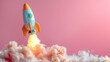© Emiliia - A toy rocket soaring through the sky, propelled upwards with a trail of smoke behind it.