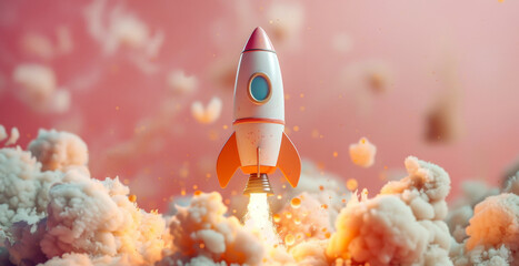 Poster - An orange and white rocket launches into the sky, leaving a plume of smoke behind as it ascends into space.