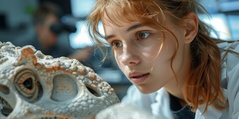 A girl examines a Tyrannosaurus rex fossil, a symbol of ancient history.