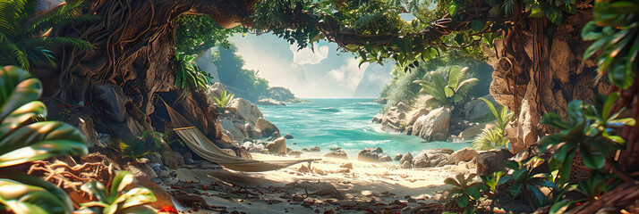 Wall Mural - Picturesque Tropical Beach with Exotic Greenery and Rocky Shore, Idyllic Seychelles Seascape
