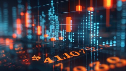 Graph Chart - A digital stock market graph with red and blue candlesticks and numerical values, depicting financial data trends