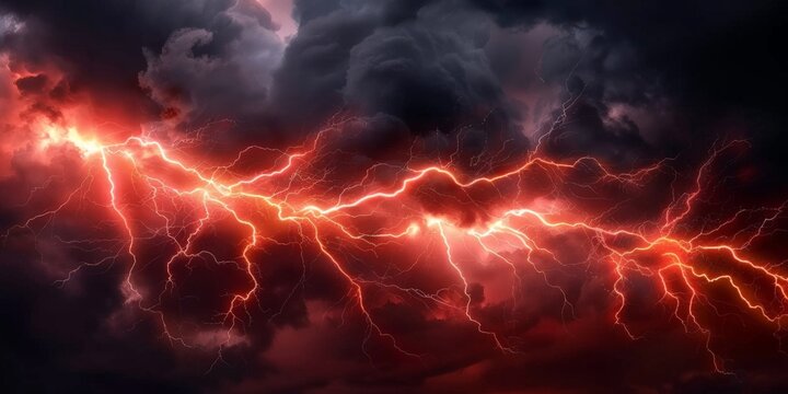 Red lightning background, red thunder with orange electric energy, sky full of dark clouds, dark red orange thunderstorm, red orange lightning effect. electric texture, banner