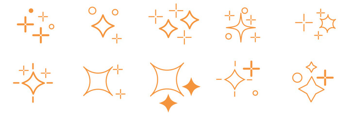 Wall Mural - Hand drawn gold star sparkle shine of doodle set. Yellow star shine twinkle glow, spark glitter, magic party light vector illustration. Hand drawn sketch doodle style line sparkle elements