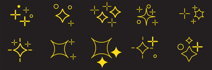 hand drawn gold star sparkle shine of doodle set. yellow star shine twinkle glow, spark glitter, mag