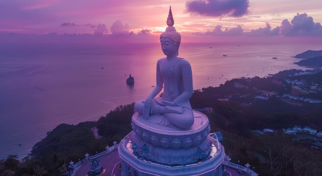 a drone photo of the big Buddha statue at Phuket in Thailand, at sunset, with pink and purple sky
