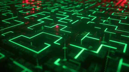 Poster - A digital maze teeming with glowing green code, a single red virus particle navigating through the labyrinth, photorealistic