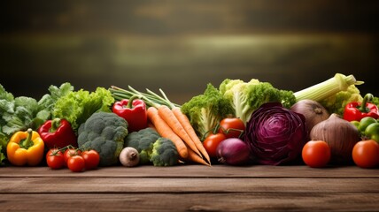 Wall Mural - Freshly harvested vegetables arranged on a wooden table, farm background, copy space,