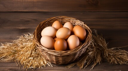 Wall Mural - Freshly gathered eggs in a straw-lined basket, rustic setting, copy space,