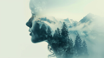 Wall Mural - women with snowy mountains behind, face of nature nature within 