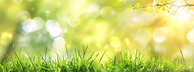 Wall Mural - Sunlit Spring Background with Green Grass and Bokeh