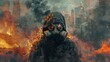 © chutikan - A picture of a person wearing a mask wearing a black suit to protect against gas. Poison from the explosion behind The end of the world shown