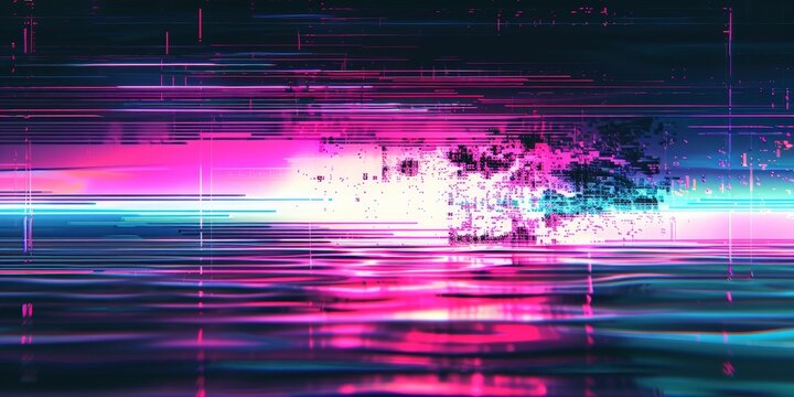 Futuristic glitch art with vibrant neon colors and digital abstract patterns, retro vhs scanlines or tv signal static noise overlay pattern television screen or video game pixel glitch damage 
