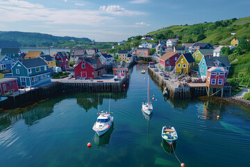 Wall Mural - An aerial close-up of a quaint fishing village with wooden piers and fishing boats bobbing in the harbor. The town is nestled between rolling hills and the sea, with charming cottages and seafood rest