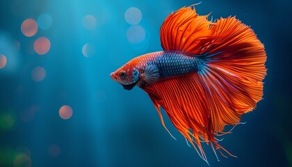 Vibrant Betta fish with flowing fins against a deep blue background, side profile, vivid colors