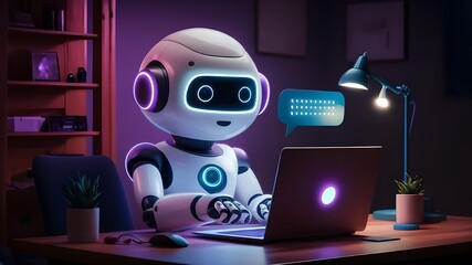 Cute friendly artificial intelligence robot using laptop computer with purple neon glow light, chatbot and AI assistant concept futuristic technology 3d illustration, banner 